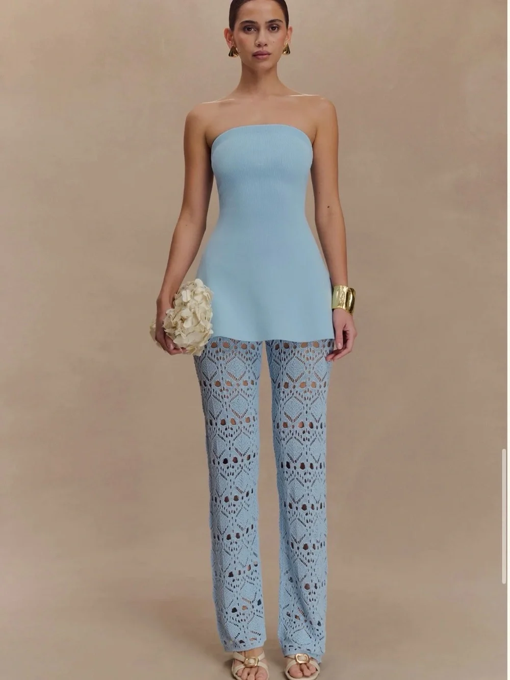 NWT Meshki Trena Crotchet Knit Pants- Sky Blue. Size M